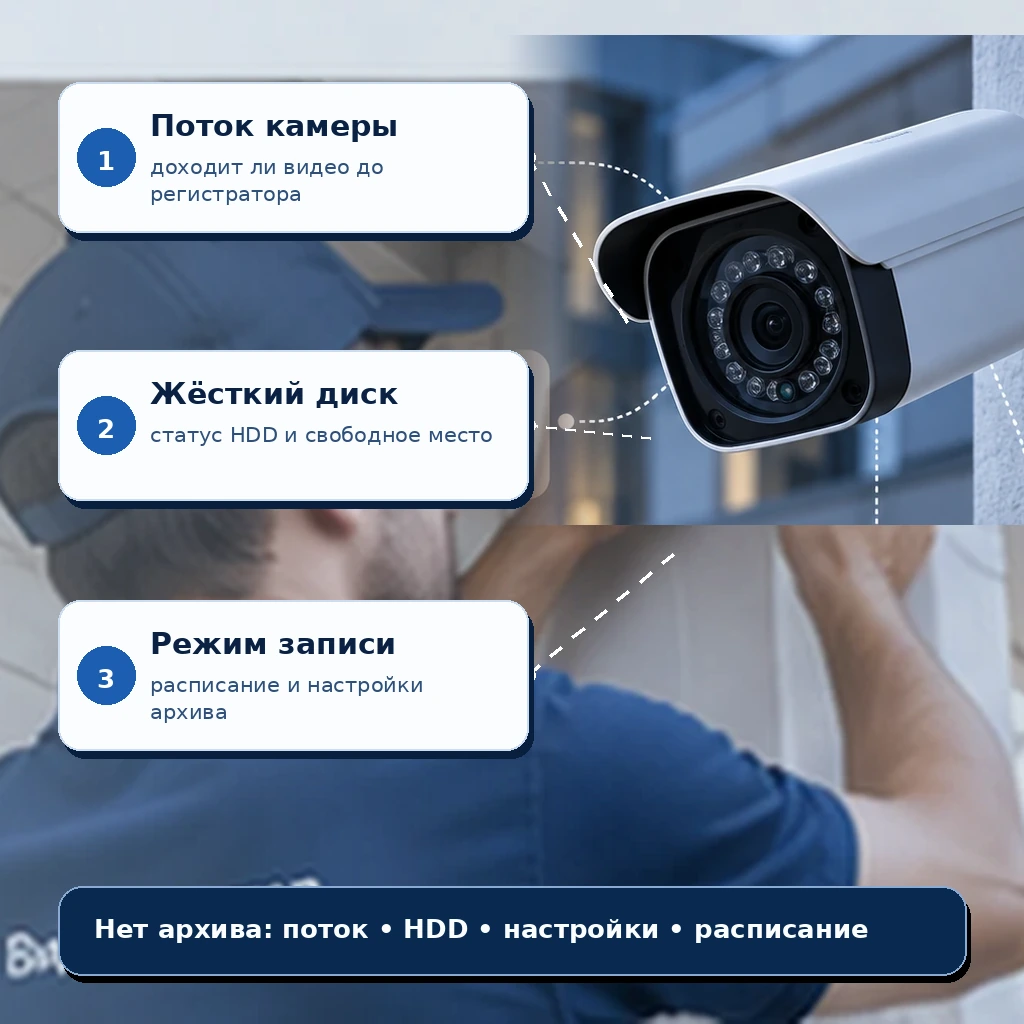 Иллюстрация первого экрана: Камера показывает online, но архив не пишется