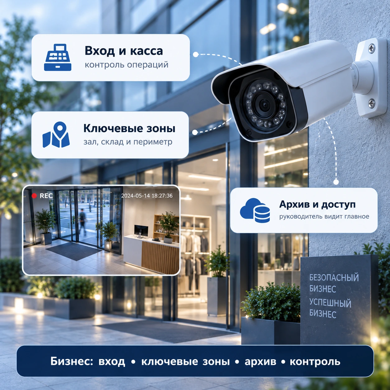 Видеонаблюдение для бизнеса: вход, касса, склад и доступ к архиву