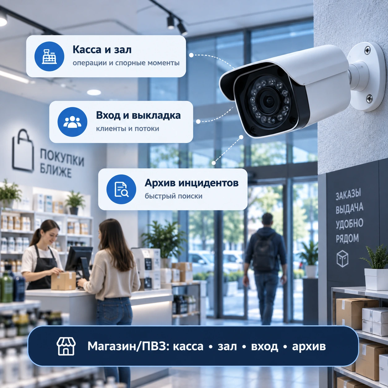 Видеонаблюдение для магазина и ПВЗ: касса, зал, вход и архив