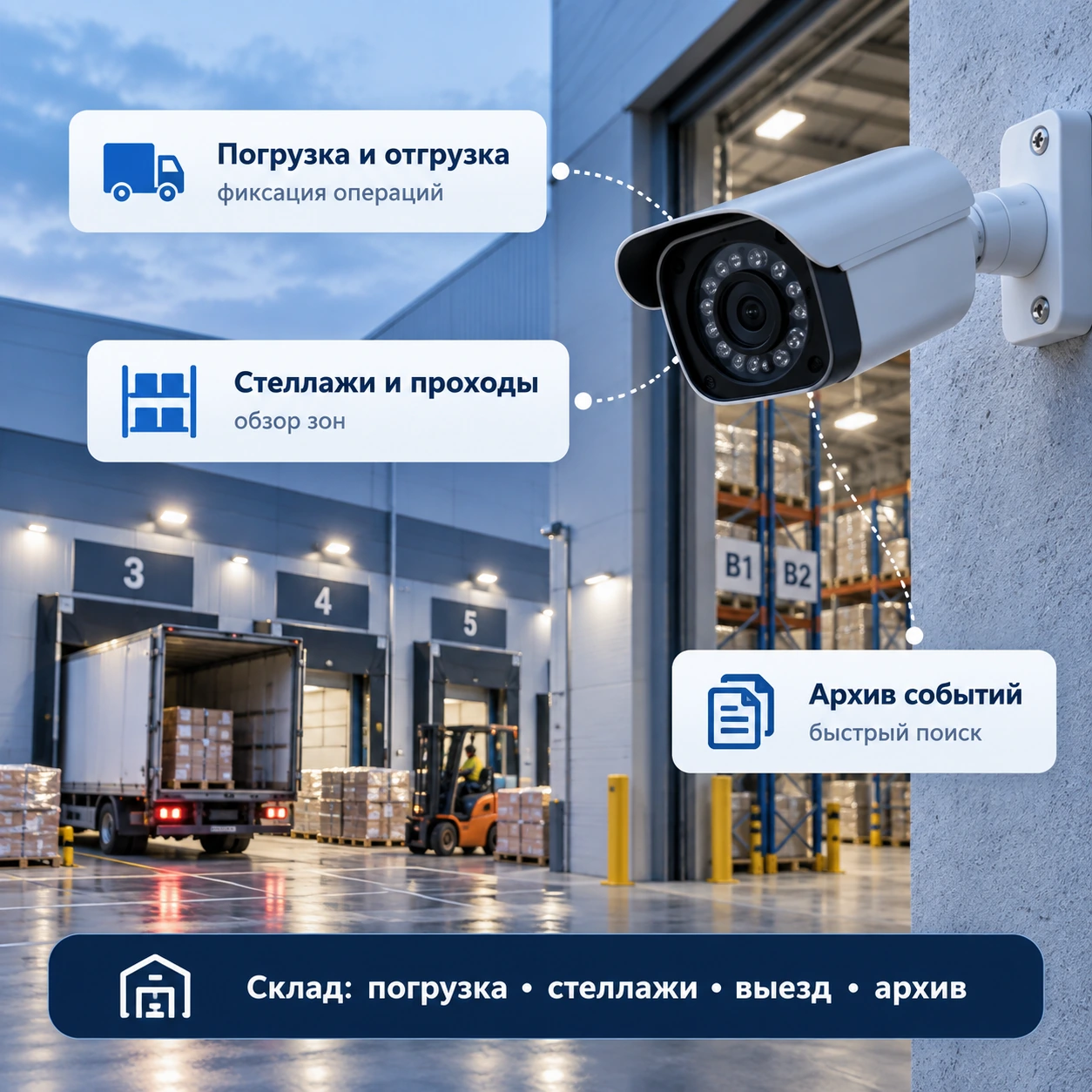 Видеонаблюдение для склада: погрузка, стеллажи, периметр и архив